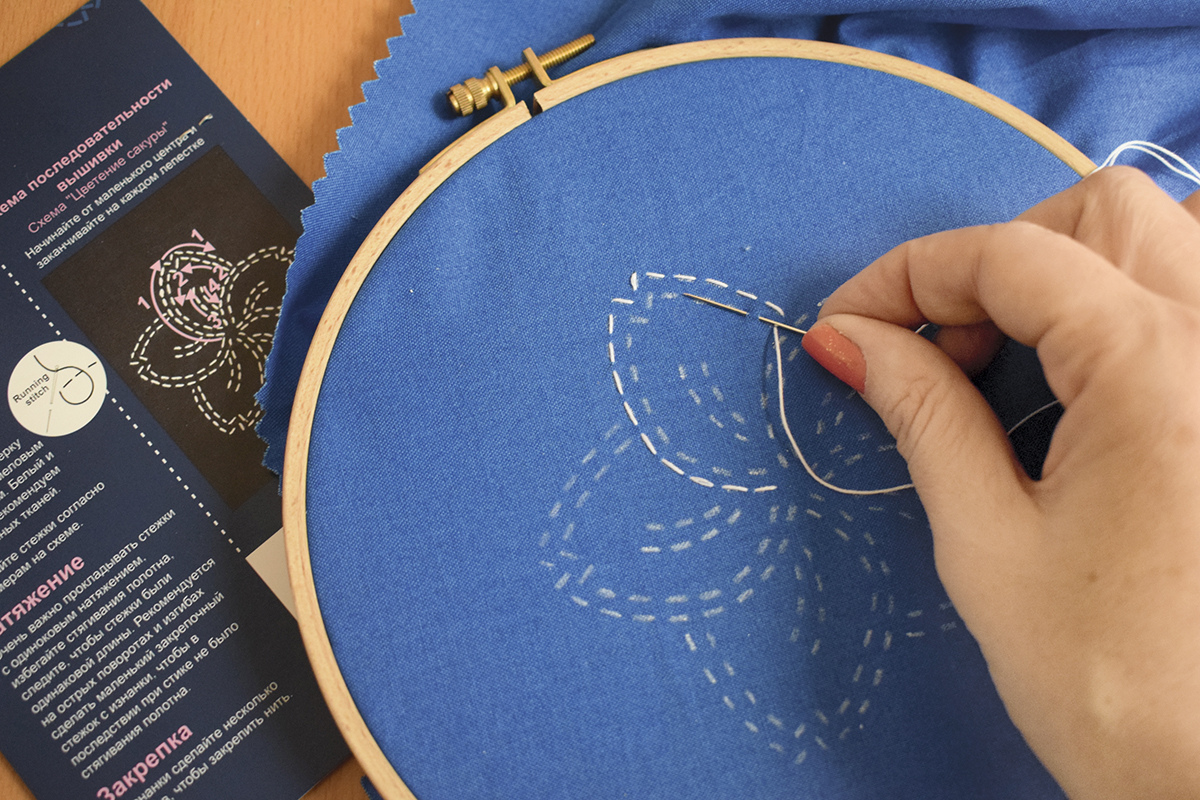 4. Приступаем к стежке. Фиксируем кончик стежком с обратной стороны (не делаем узелков!). Прокладываем стежки по нанесенным линиям.