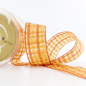 Лента органза с рисунком клетка SAFISA, 38 мм, 15 м, цвет 02, оранжевый. Арт 25216-38-02              