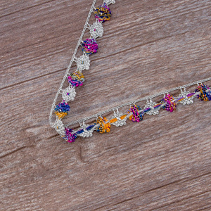 Мерсеризованное хлопковое кружево, 13 мм, цвет серебристый с сиренево-розовым. Арт 3615/A7                 