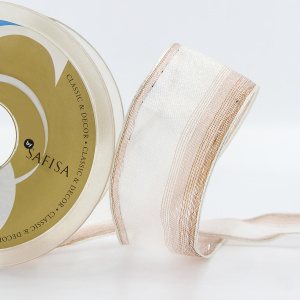 Лента органза с рисунком с проволокой по краю SAFISA, 38 мм, цвет бежевый, 15 м. Арт 25167-38мм-01            