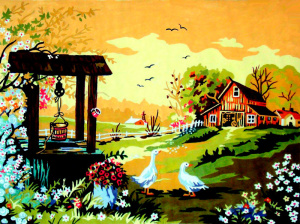 Канва жесткая с рисунком "Гуси у колодца". Арт 14.853                  