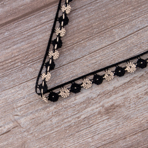 Мерсеризованное хлопковое кружево, 13 мм, цвет черный с бежевым. Арт 3615/Q7