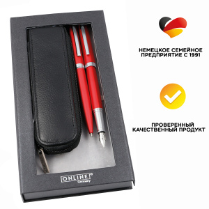 Набор ручек "Eleganza" в кожаном чехле, перьевая и шариковая, цвет корпуса красный. Арт 34644