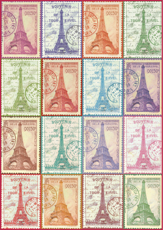 Бумага упаковочная "Марки - Эйфелева Башня", рисовая, 21 х 29,7 см. Арт DFSA4054
