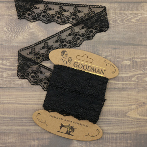 Кружево-вышивка на тюле, 42 мм, цвет черный, 100% полиэстер, 3,5 м. Арт T-2443.13