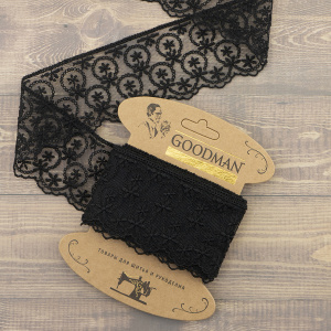 Кружево-вышивка на тюле, 63 мм, цвет черный, 100% полиэстер, 3,5 м. Арт T-1909.13