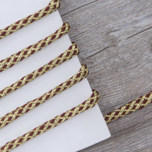 Шнур плетеный PEGA с люрексом, золото с бордовым, 7 мм, 15 м. Арт 881218724DX705