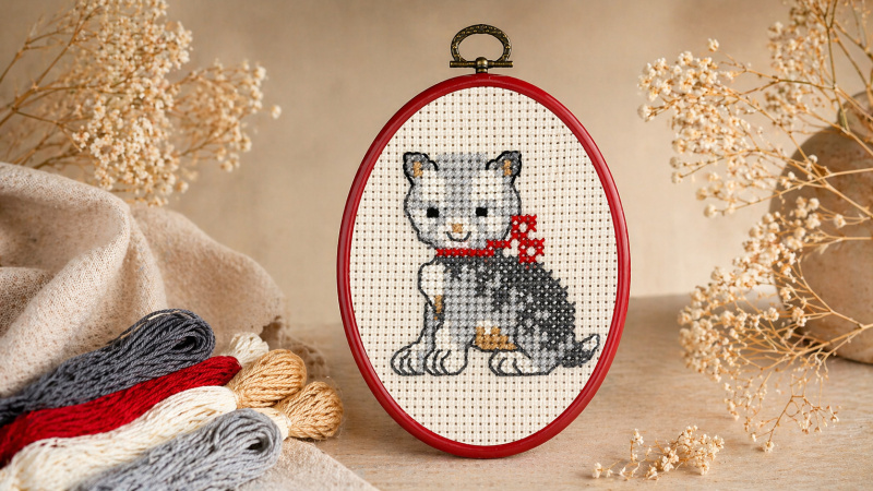 Вышиваем веселого котенка по схеме от датского производителя PERMIN !