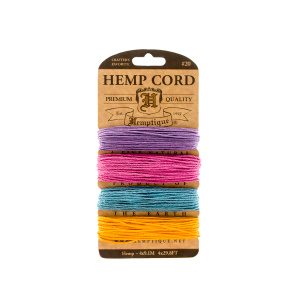 Шнуры на блистере HEMPTIQUE #20 - 1 мм, 4 цвета по 9,1 м. Арт HC20PA                  