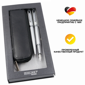 Набор ручек "Eleganza" в кожаном чехле, перьевая и шариковая, цвет корпуса серебристый. Арт 80949