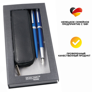 Набор ручек "Eleganza" в кожаном чехле, перьевая и шариковая, цвет корпуса синий. Арт 34645