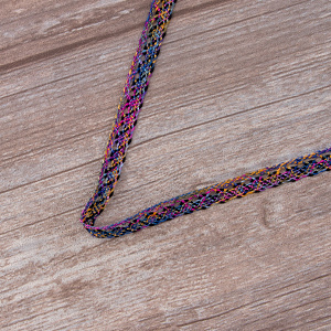 Мерсеризованное хлопковое кружево, 13 мм, цвет сиренево-серо-желто-розовый с черным. Арт 3155/A4