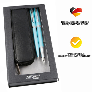 Набор ручек "Eleganza" в кожаном чехле, перьевая и шариковая, цвет корпуса бирюзовый. Арт 34646