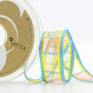 Лента органза с рисунком, 25 мм, 15 м, цвет 01, голубой с оранжевым и желтым . Арт 25238-25-01              