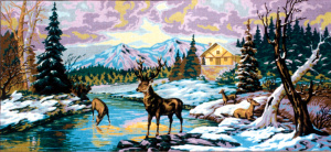 Канва жесткая с рисунком "Олени на реке зимой". Арт B.1225                  