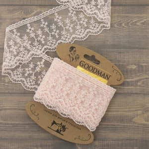 Кружево-вышивка на тюле, 70 мм, цвет розовый, 100% полиэстер, 4,5 м. Арт T-3013.308