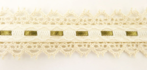 Тесьма декоративная, 30 мм, с двойным кружевом и атласной оливковой лентой, бежевая. Арт 13121/18
