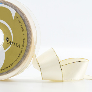 Лента атласная SAFISA с люрексным кантом по краям, 25 мм, 25 м, цвет 56, кремовый. Арт 25190-25мм-56
