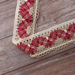 Мерсеризованное хлопковое кружево, 55 мм, цвет молочно-белый/бежевый/бордо. Арт 1854/D4