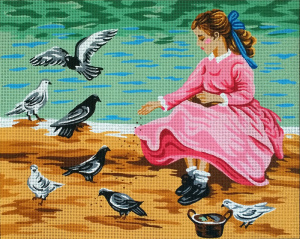 Канва жесткая с рисунком "Голуби и девочка". Арт 14.859