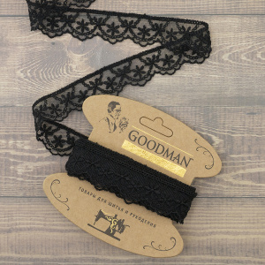 Кружево-вышивка на тюле, 28 мм, цвет черный, 100% полиэстер, 3,5 м. Арт T-1910.13