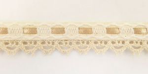 Тесьма декоративная, 20 мм, с кружевом и атласной бежевой лентой, бежевая. Арт 13021/2