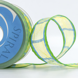 Лента органза с рисунком SAFISA, 38 мм, цвет зеленый/желтый. Арт 25238-38-03