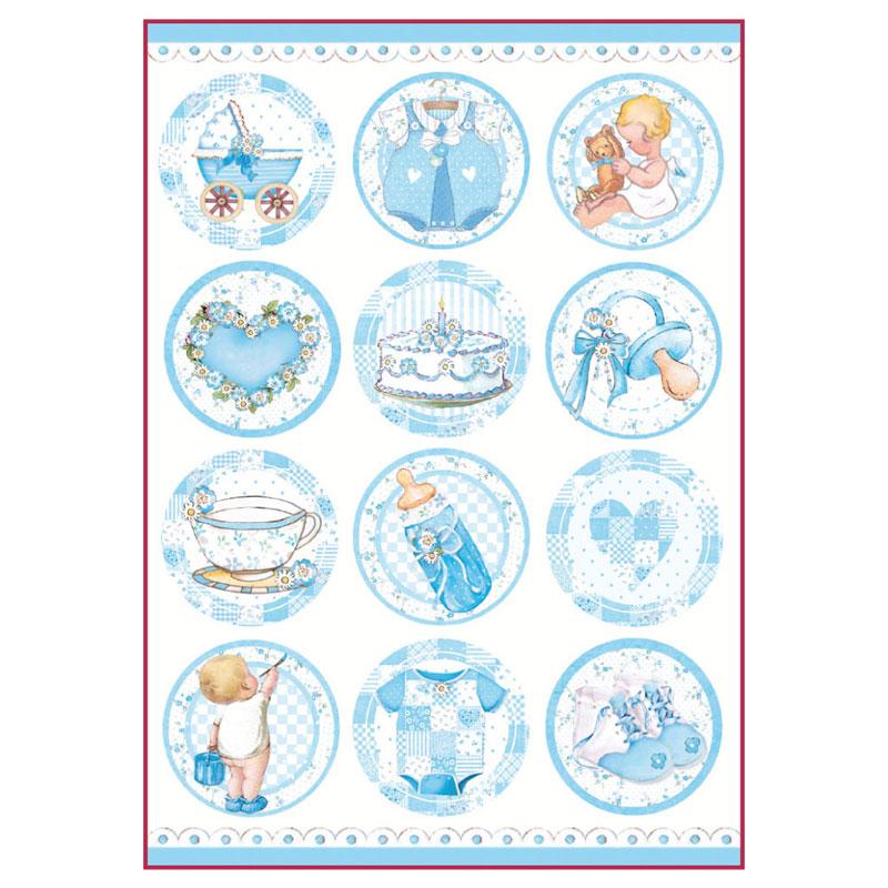 Бумага упаковочная "Малыш, детские сюжеты с голубым в кругах", рисовая, 21 х 29,7 см. Арт DFSA4291