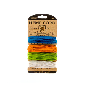 Шнуры на блистере HEMPTIQUE #20 - 1 мм, 4 цвета по 9,1 м. Арт HC20BR                  