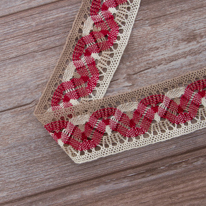 Мерсеризованное хлопковое кружево, 55 мм, цвет экрю/бежевый/бордо. Арт 1855/D4