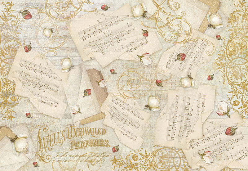 Бумага упаковочная "Муыкальные ноты и бутончики", рисовая, 48 х 33 см. Арт DFS348