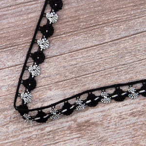 Мерсеризованное хлопковое кружево, 13 мм, цвет черный с серебристым. Арт 3615/J0                 