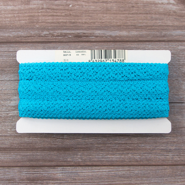 Мерсеризованное хлопковое кружево, 20 мм, цвет бирюзовый. Арт 3037/15                 