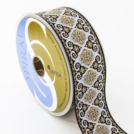 Лента жаккард с люрексом SAFISA, 50 мм, 15 м, цвет 102, черный/серебряный. Арт 9214-50мм-102