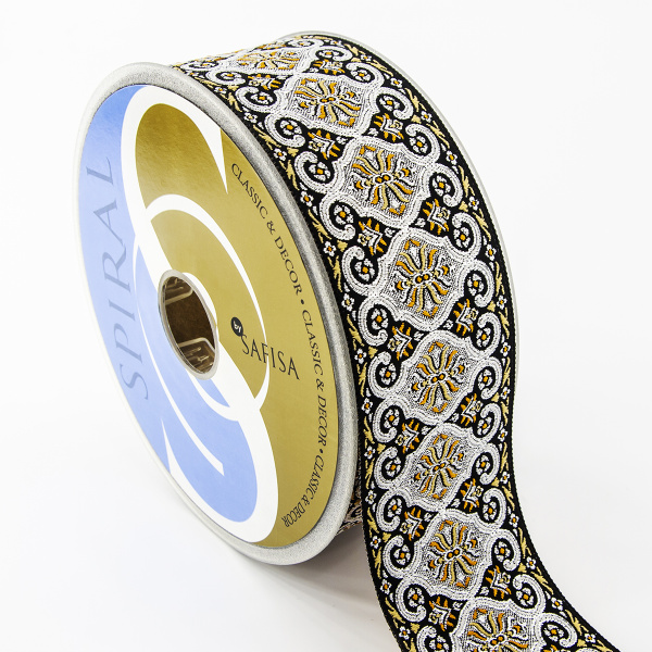 Лента жаккард с люрексом SAFISA, 50 мм, 15 м, цвет 102, черный/серебряный. Арт 9214-50мм-102