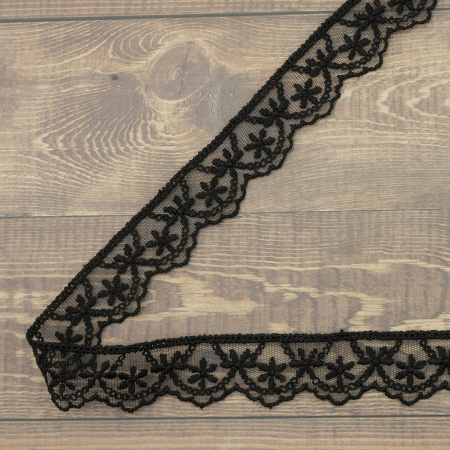 Кружево-вышивка на тюле, 28 мм, цвет черный, 100% полиэстер, 3,5 м. Арт T-1910.13