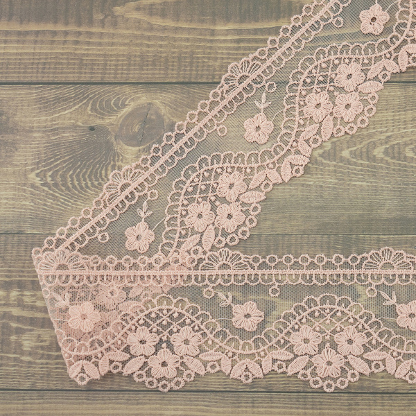 Кружево-вышивка на тюле, 65 мм, цвет бледно-розовый, 100% полиэстер, 3,5 м. Арт WT-30675.226