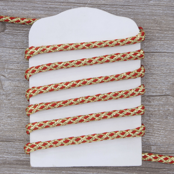 Шнур плетеный PEGA с люрексом, золото с красным, 7 мм, 15 м. Арт 881218724DX703