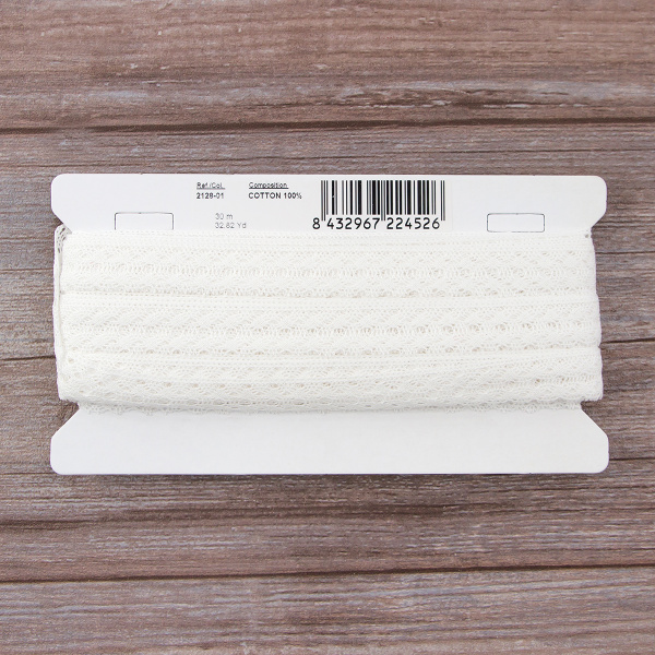 Мерсеризованное хлопковое кружево, 24 мм, белый. Арт 2128/01