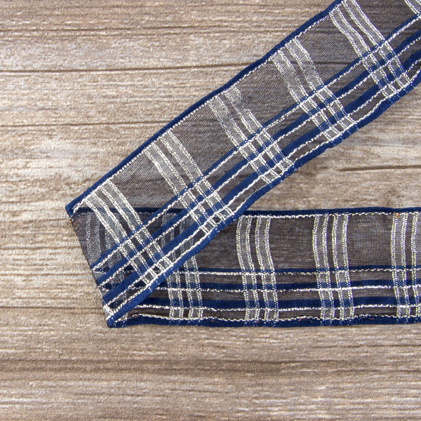 Лента органза с рисунком с проволокой по краю, 40 мм, 15 м, цвет 03, синий. Арт 25185-40-03              