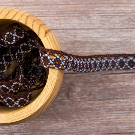 Мерсеризованное хлопковое кружево, 13 мм, цвет коричневый со светло-голубым. Арт 3155/R1                 