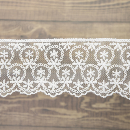 Кружево-вышивка на тюле, 63 мм, цвет белый, 100% полиэстер, 3,5 м. Арт T-1909.212