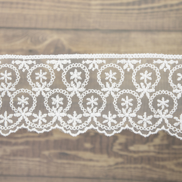 Кружево-вышивка на тюле, 63 мм, цвет белый, 100% полиэстер, 3,5 м. Арт T-1909.212