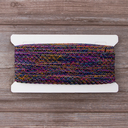 Мерсеризованное хлопковое кружево, 13 мм, цвет сиренево-серо-желто-розовый с черным. Арт 3155/A4