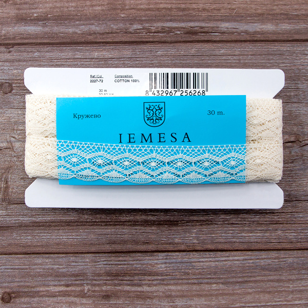 Мерсеризованное хлопковое кружево, 30 мм, цвет экрю. Арт 2227/72