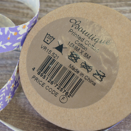 Лента хлопковая на картонной катушке "Цветы: лиловый с оранжевым". Арт VR15.521