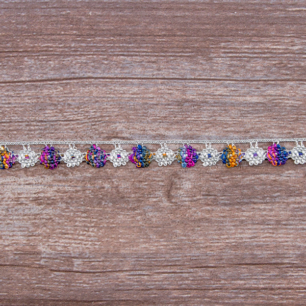 Мерсеризованное хлопковое кружево, 13 мм, цвет серебристый с сиренево-розовым. Арт 3615/A7                 