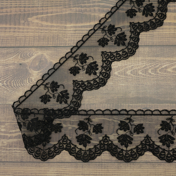 Кружево-вышивка на тюле, 70 мм, цвет черный, 100% полиэстер, 3,5 м. Арт WT-1915.13