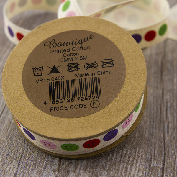 Лента хлопковая на картонной мини-катушке "Пуговицы". Арт VR15.048X