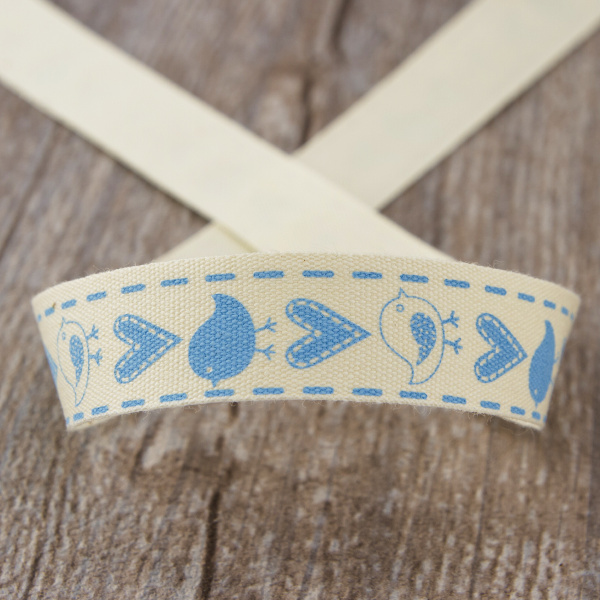 Лента хлопковая на картонноймини-катушке "Птички и подарки". Арт VR15.1